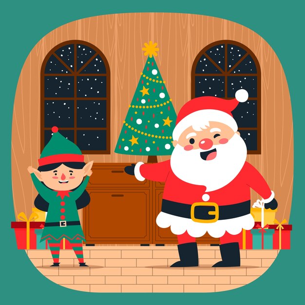 Ilustración plana del taller de santa de la temporada navideña