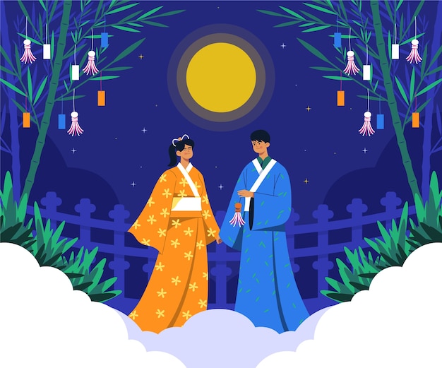 Vector gratuito ilustración plana de tanabata con pareja bajo luna llena