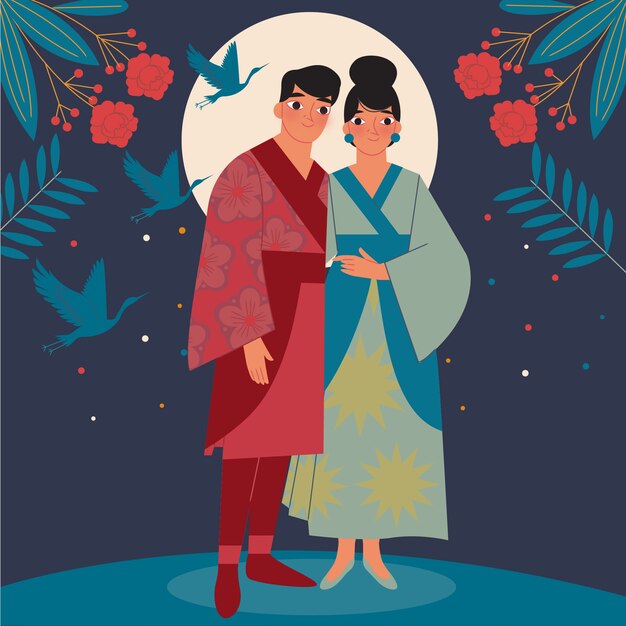 Ilustración plana de tanabata con pareja