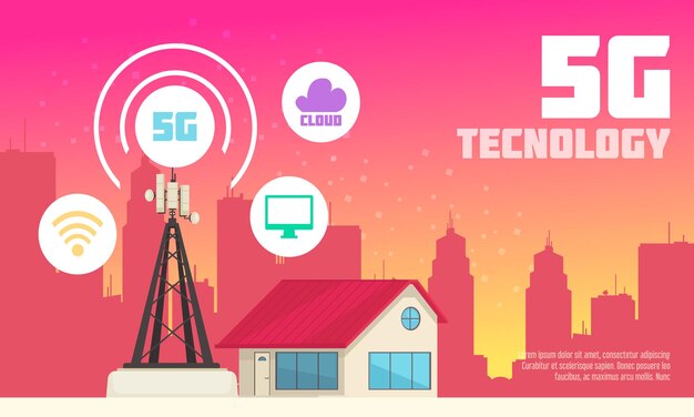 Ilustración plana de tecnología de internet inalámbrica 5G con iconos web y de comunicación en la ilustración del entorno urbano