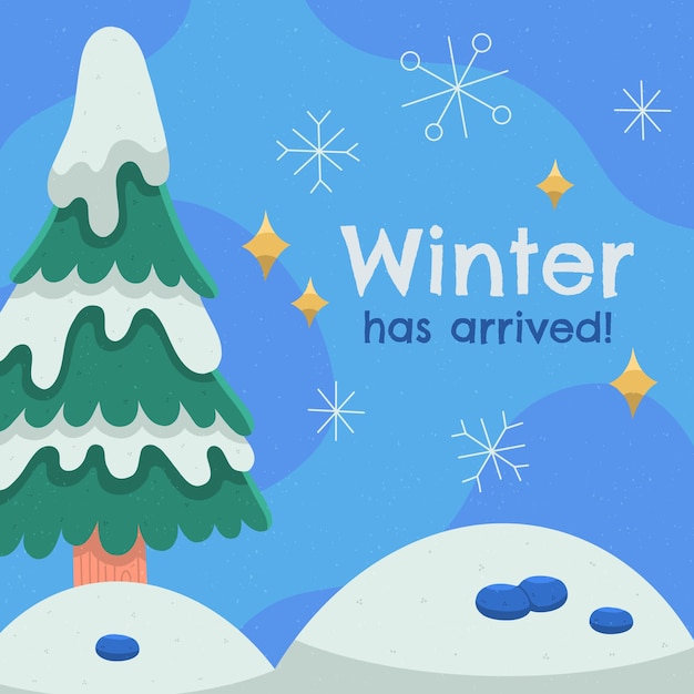 Ilustración plana para la temporada de invierno con árbol nevado