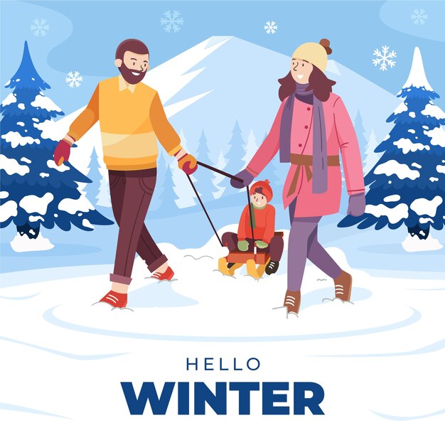 Ilustración plana para la temporada de invierno con la familia en trineo.