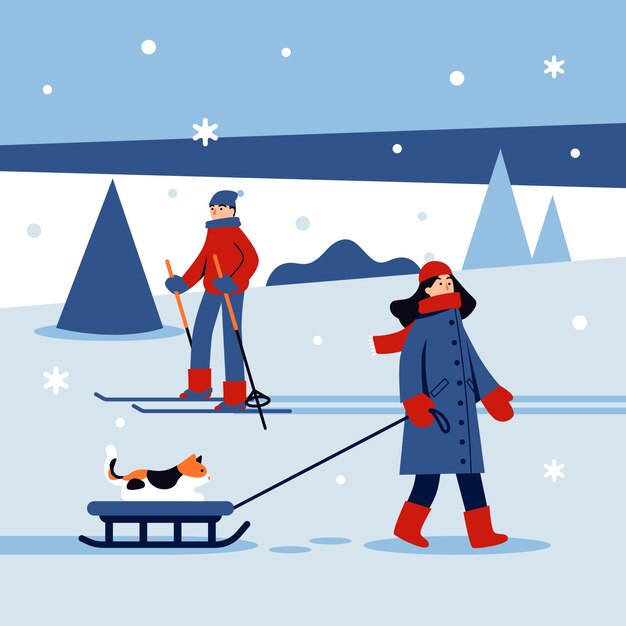 Ilustración plana para la temporada de invierno con gente con trineos y esquís.