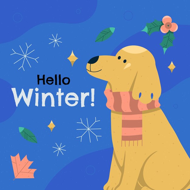 Ilustración plana para la temporada de invierno con lindo perro.