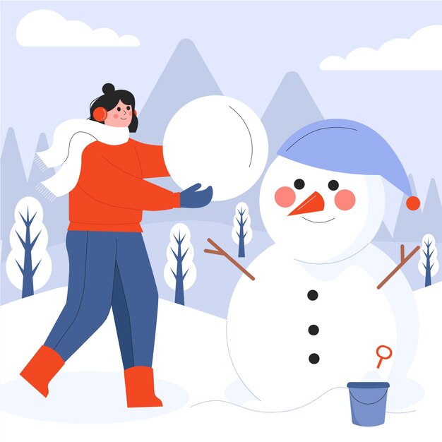 Ilustración plana para la temporada de invierno con una mujer construyendo un muñeco de nieve