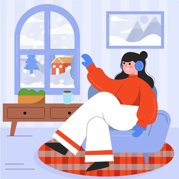 Ilustración plana para la temporada de invierno con una mujer mirando por la ventana