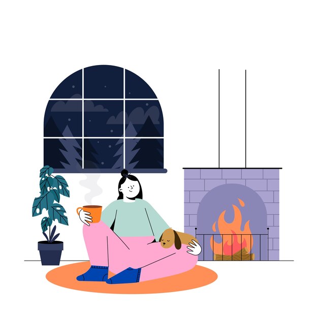 Ilustración plana para la temporada de invierno con una mujer sentada junto a la chimenea con una bebida caliente