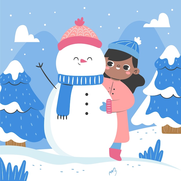 Ilustración plana para la temporada de invierno con niña y muñeco de nieve saludando