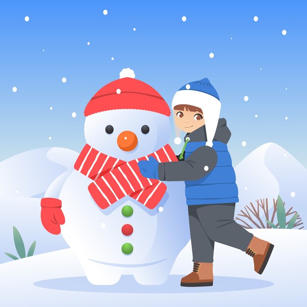Ilustración plana para la temporada de invierno con un niño abrazando un muñeco de nieve