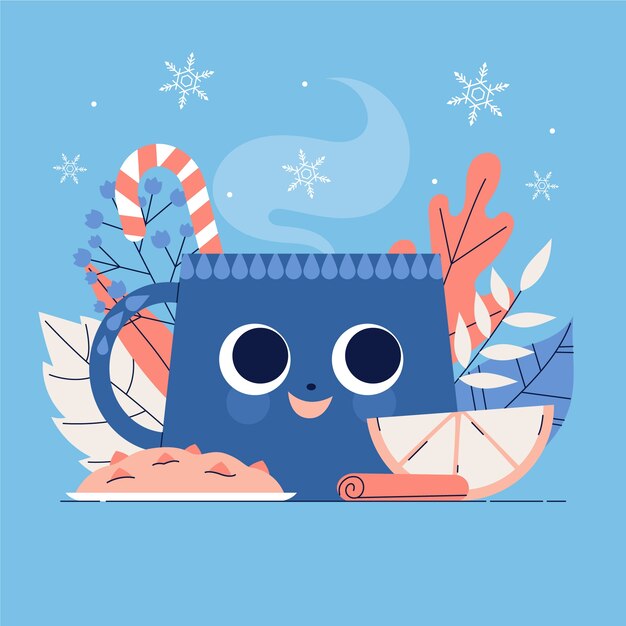 Ilustración plana para la temporada de invierno con taza con ojos.