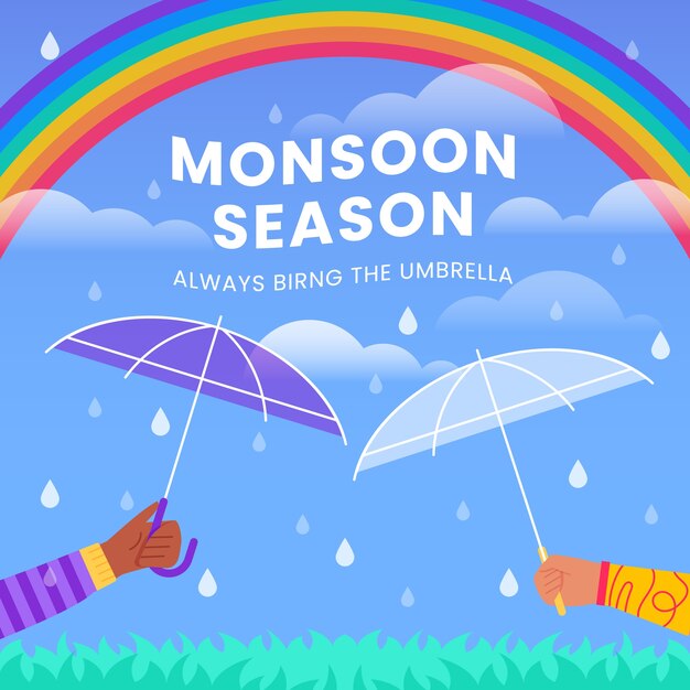 Ilustración plana de la temporada del monzón con arco iris
