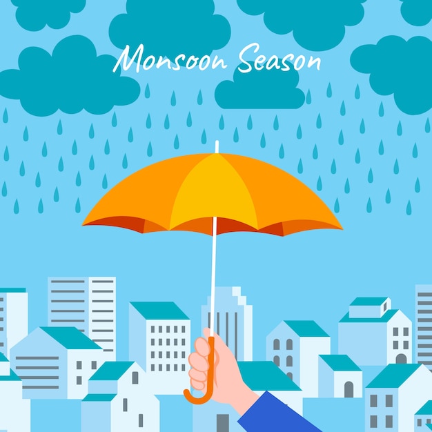Ilustración plana de la temporada del monzón con mano sosteniendo paraguas bajo la lluvia