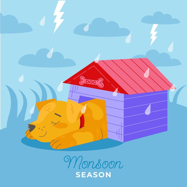 Ilustración plana de la temporada del monzón con perro en su gallinero