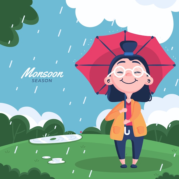 Vector gratuito ilustración plana de la temporada del monzón con una persona bajo la lluvia con paraguas
