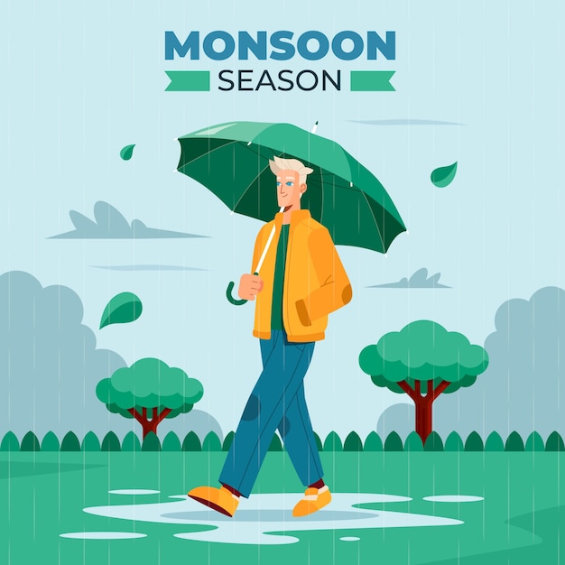 Vector gratuito ilustración plana de la temporada del monzón con persona bajo la lluvia con paraguas