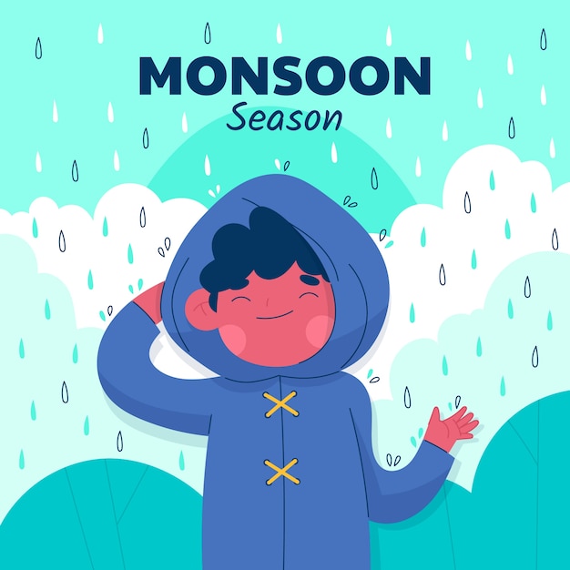 Vector gratuito ilustración plana de la temporada del monzón con una persona bajo la lluvia