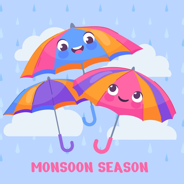 Ilustración plana de la temporada del monzón con sombrillas sonrientes
