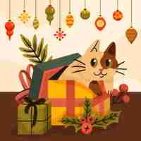 Vector gratuito ilustración plana de la temporada navideña con gato de dibujos animados