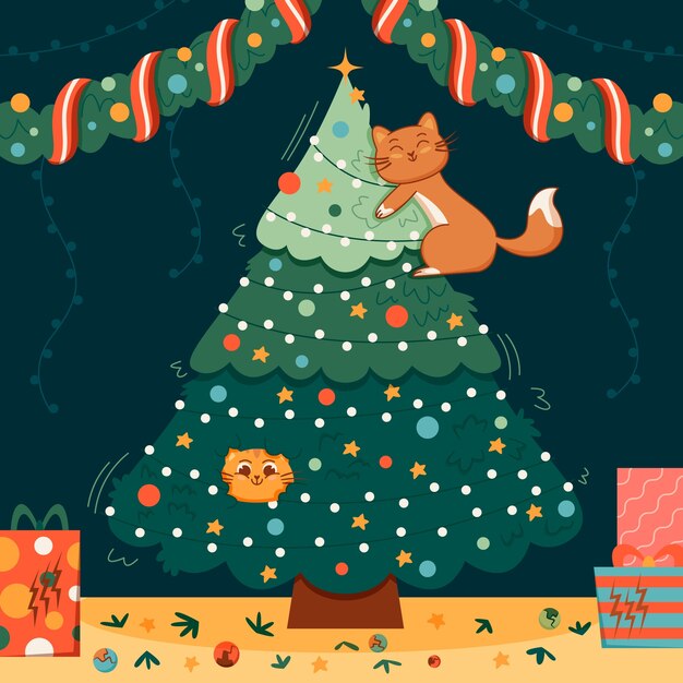Ilustración plana de la temporada navideña con gato de dibujos animados