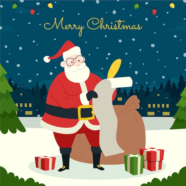 Ilustración plana de la temporada navideña con lista de verificación de santa