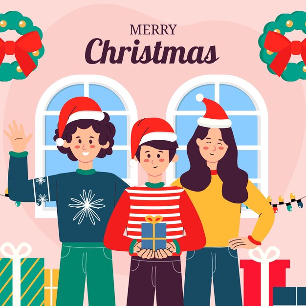 Ilustración plana de la temporada navideña con personas con regalos
