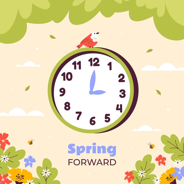 Ilustración plana del tiempo de primavera hacia adelante.