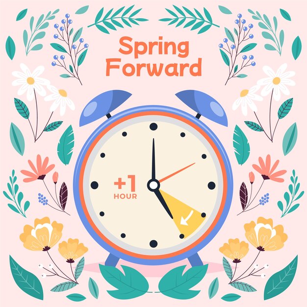 Ilustración plana del tiempo de primavera hacia adelante.