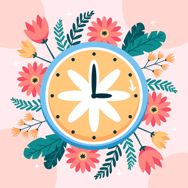 Ilustración plana del tiempo de primavera hacia adelante.