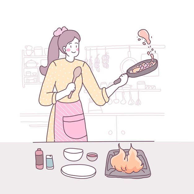 Ilustración plana de vector con una chica que cocina en la cocina