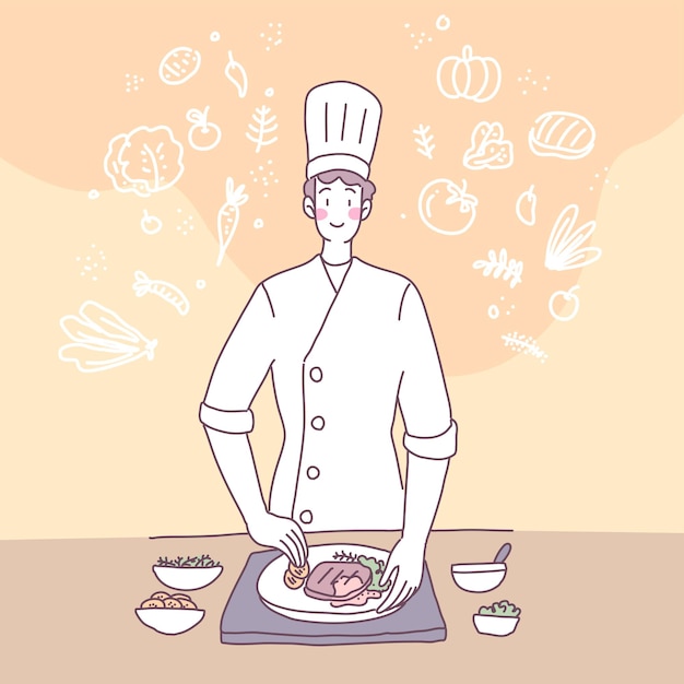 Ilustración plana de vector con un hombre que cocina en la cocina