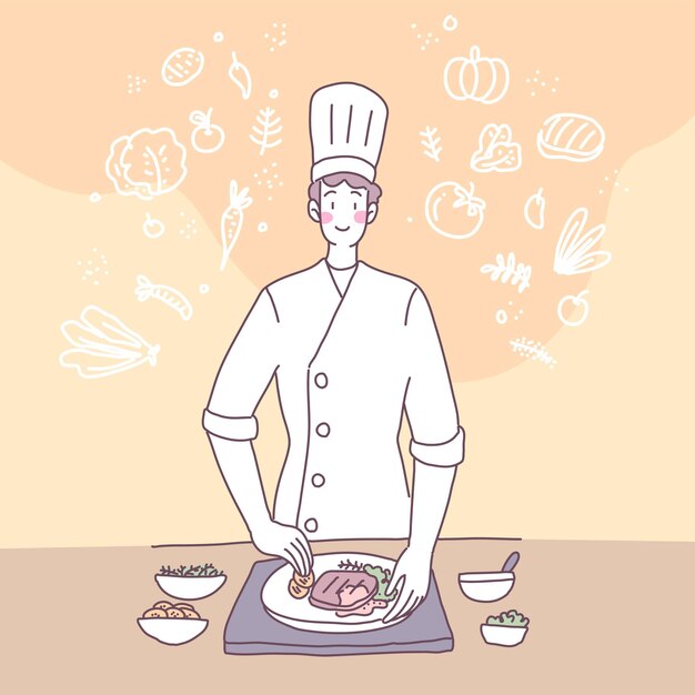 Ilustración plana de vector con un hombre que cocina en la cocina