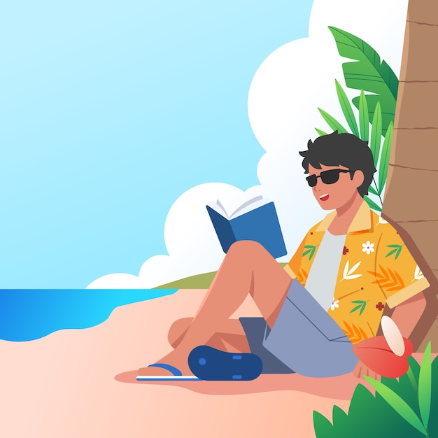 Ilustración plana de verano con un hombre leyendo un libro en la playa