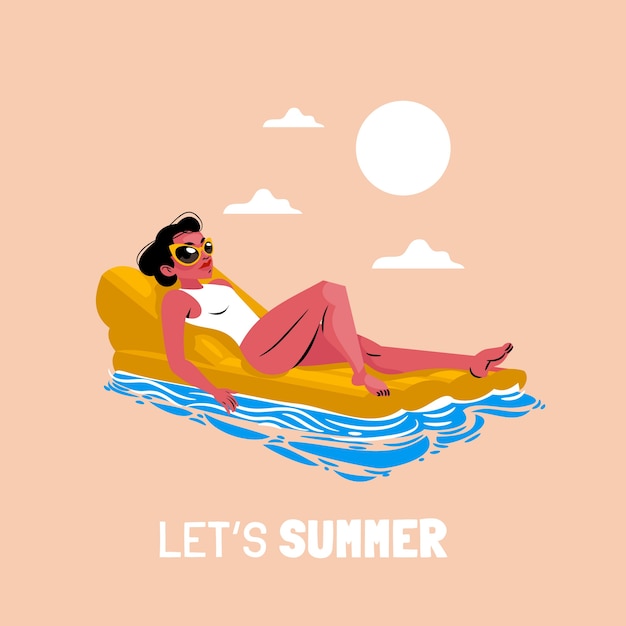 Ilustración plana de verano con mujer flotando