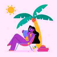 Vector gratuito ilustración plana de verano con mujer leyendo un libro debajo de una palmera