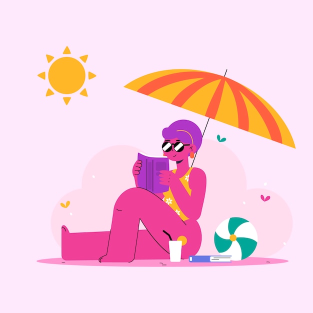 Vector gratuito ilustración plana de verano con mujer leyendo un libro bajo un paraguas