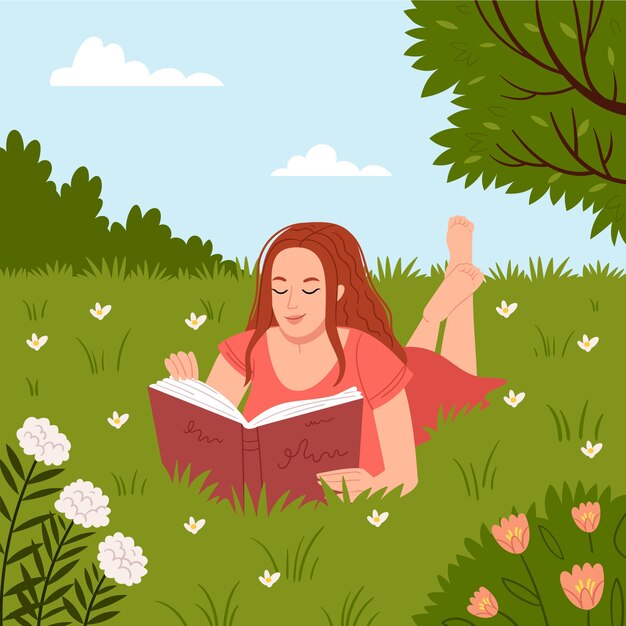 Ilustración plana de verano con mujer leyendo un libro sobre la hierba en la naturaleza