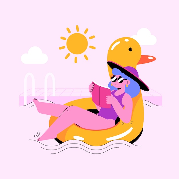 Vector gratuito ilustración plana de verano con mujer leyendo libro sobre pato inflable