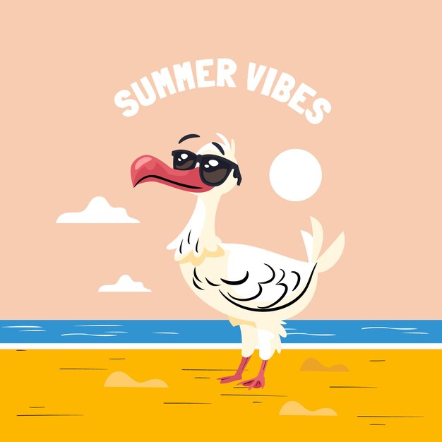 Ilustración plana de verano con pájaro en la playa con gafas de sol