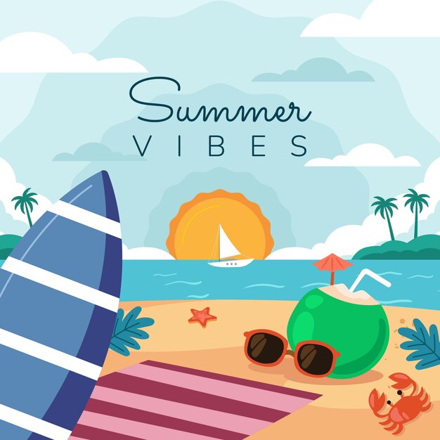 Ilustración plana de vibraciones de verano con cóctel de coco en la playa