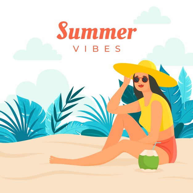 Ilustración plana de vibraciones de verano con una mujer tomando un cóctel de coco en la playa