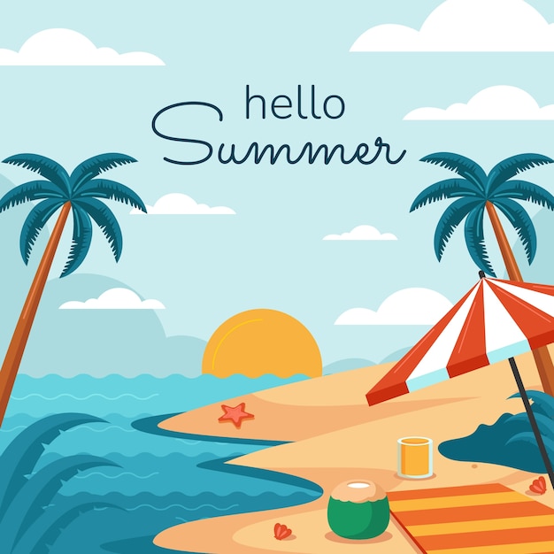 Ilustración plana de vibraciones de verano con playa y sombrilla