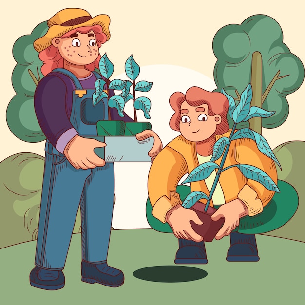 Ilustración de plantación de árboles dibujada a mano