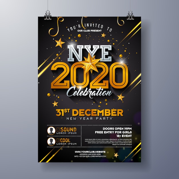 Ilustración de plantilla de cartel de celebración de fiesta de año nuevo 2020 con número de oro brillante sobre fondo negro.