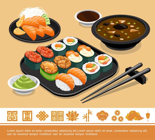 Ilustración de plantilla de comida japonesa tradicional plana