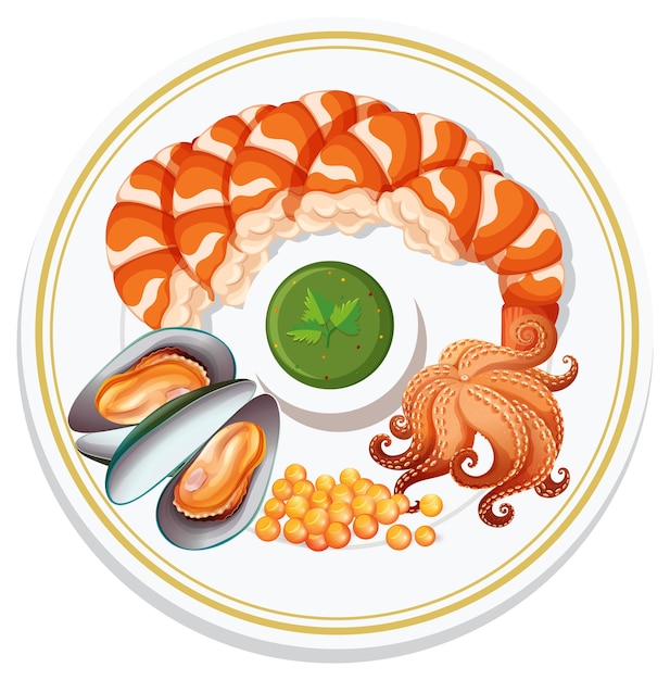 Ilustración de un plato de mariscos gourmet