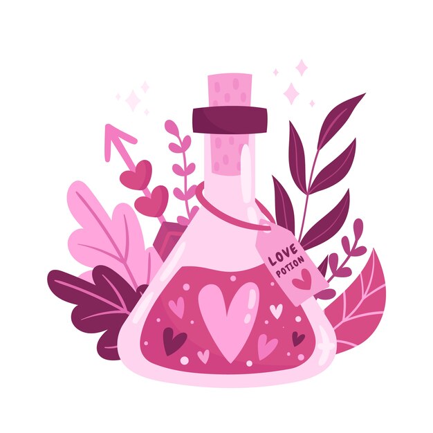 Ilustración de poción de amor rosa dibujada a mano
