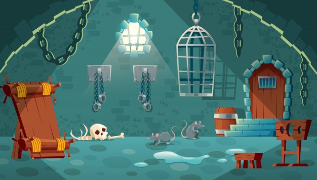 Ilustración con prisión medieval. Mazmorra del castillo, sala para prisioneros