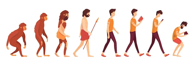 Ilustración del problema de adicción a los gadgets con primates personajes de hombres primitivos y modernos proceso de evolución y degradación de la humanidad