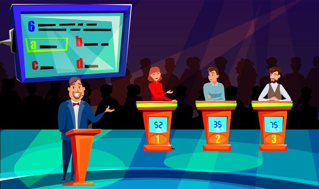 Ilustración de un programa de televisión erudito Interior de un estudio de TV con el presentador del programa y los participantes Anuncio del proyecto de medios del estudio de prueba del juego del panel