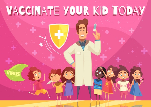 Vector gratuito ilustración de promoción de beneficios de vacunación para niños con símbolo de escudo de protección de salud infantil médico con jeringa de dibujos animados